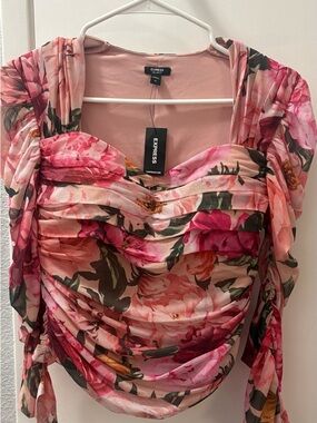 Express Floral Ruched Pink Top